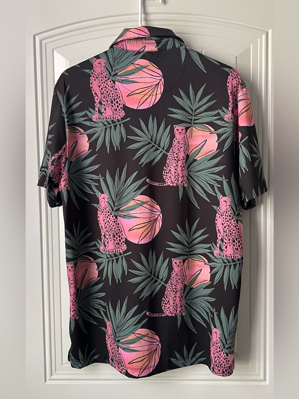 Bad Birdie Cheetah Tropical Golf Polo Men’s L Black Pink Performance Shirt - Picture 7 of 11